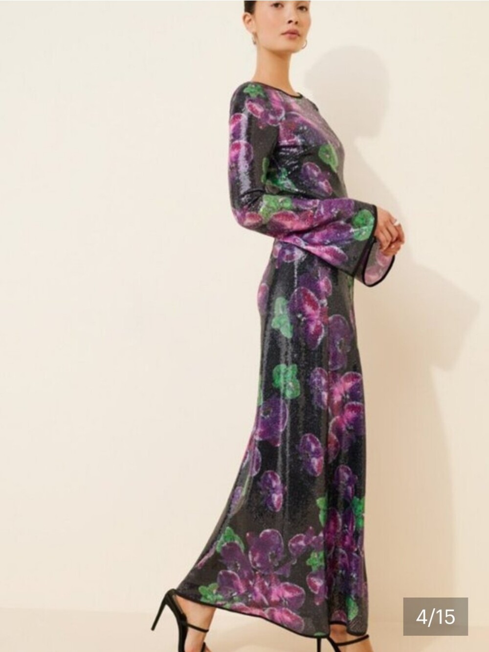 The Wolf Gang Lenee Long Sleeve Floral Sequin Maxi Dress in Black and Purple - Picture 3 of 13
